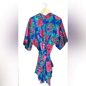 Kathryn Vibrant Vintage 80’Baroque Floral Jewel Tone Satin Lingerie Kimono Robe